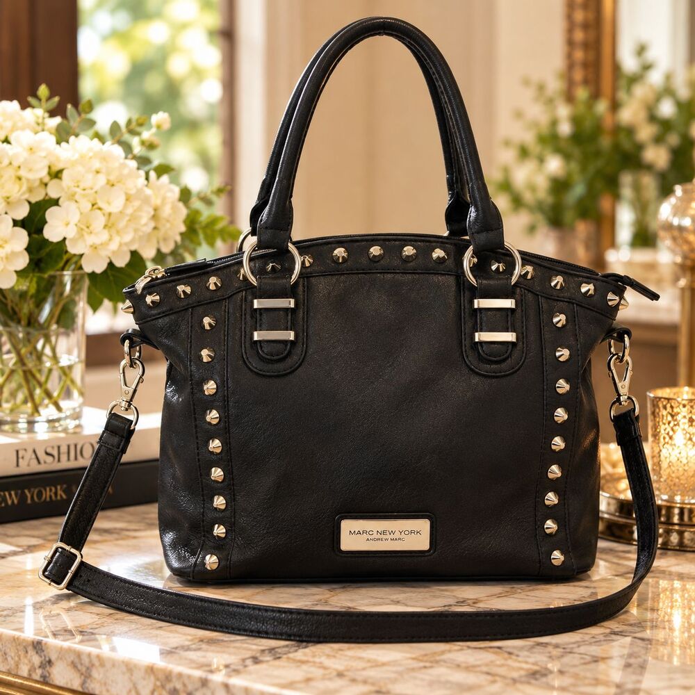 Marc New York Andrew Marc Black Leather Studded Satchel Shoulder Bag Large